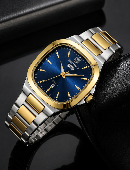 Title: Luxury Two-Tone Blue Dial Quartz Watch – Premium Stainless Steel Men's Watch