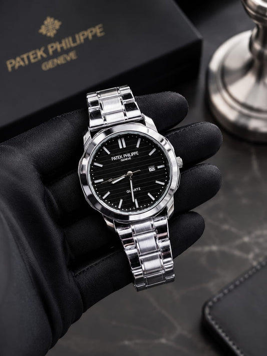 Title: Patek Philippe Style Silver Dial Stainless Steel Watch – Luxury Men's Quartz Watch
