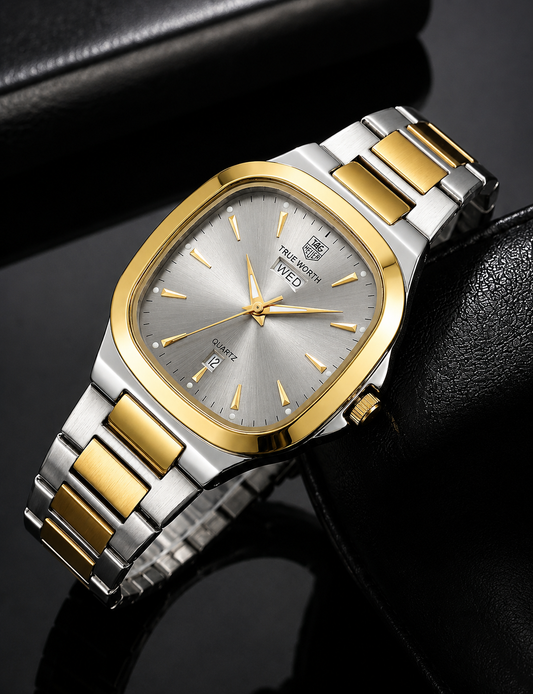 Title: Luxury Two-Tone Blue Dial Quartz Watch – Premium Stainless Steel Men's Watch