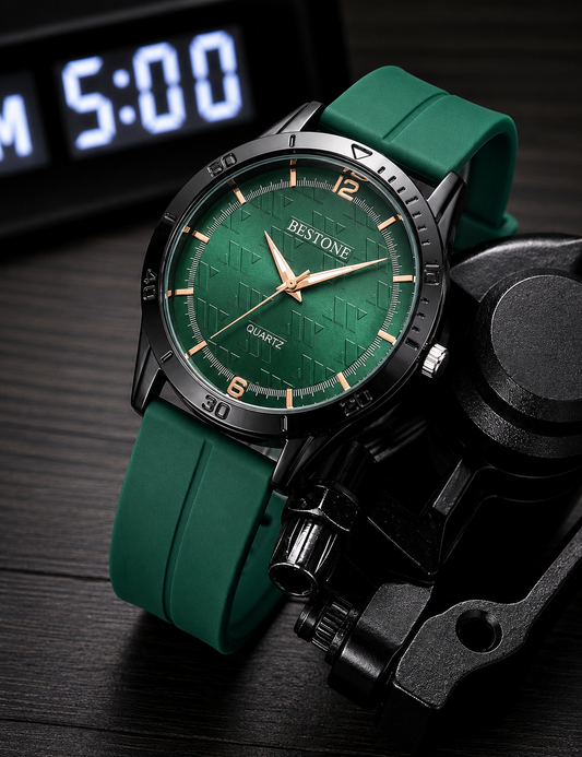 BESTONE Men's Premium Green Analog Watch – Stylish Silicone Strap | Quartz Movement | Luxury Casual Wrist Watch