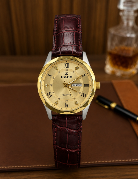 Title  RADO Gold Dial Quartz Leather Strap Men's Watch – Luxury Classic Collection