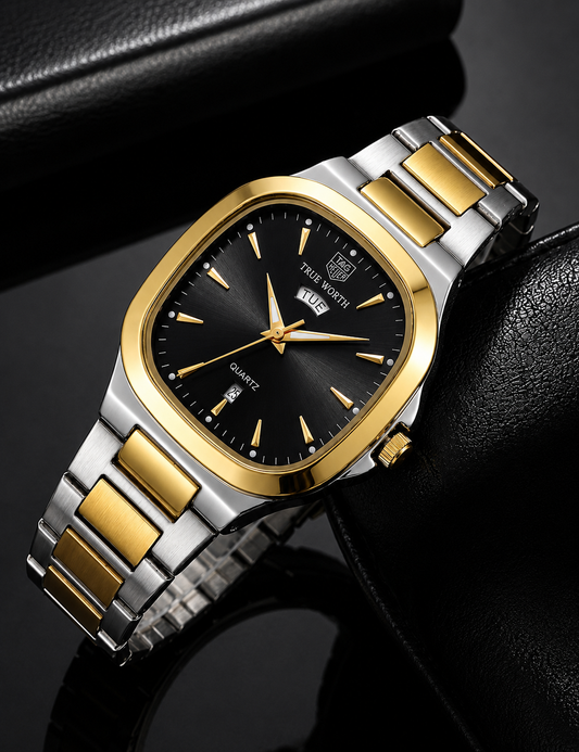 Title: Luxury Two-Tone Blue Dial Quartz Watch – Premium Stainless Steel Men's Watch