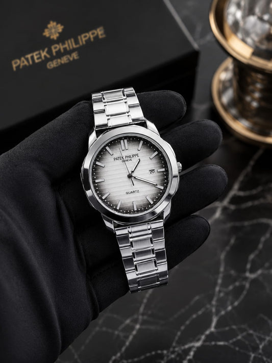 Title: Patek Philippe Style Silver Dial Stainless Steel Watch – Luxury Men's Quartz Watch