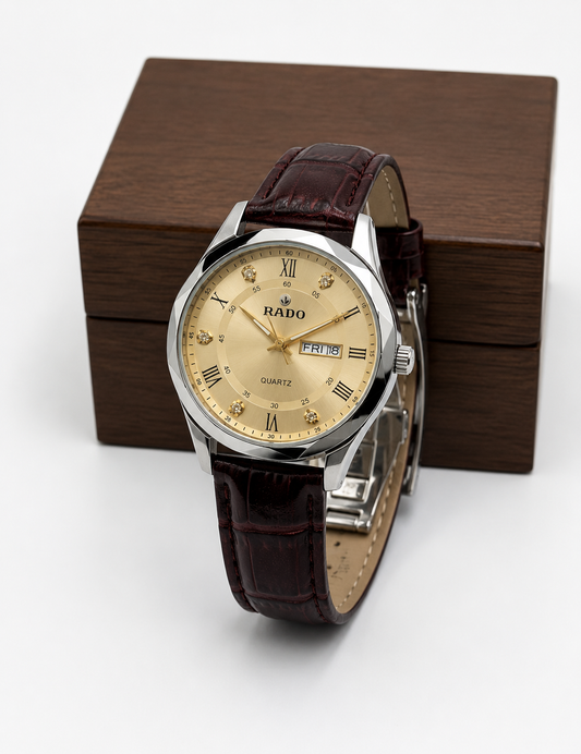 Title: RADO Luxury Gold Dial Leather Strap Watch – Premium Men's Quartz Watch