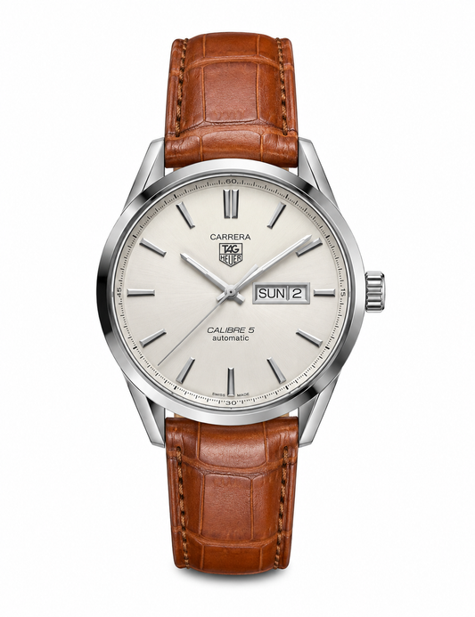 Title  TAG Heuer Carrera Calibre 5 Automatic Style Leather Strap Men's Watch – Silver Dial Edition